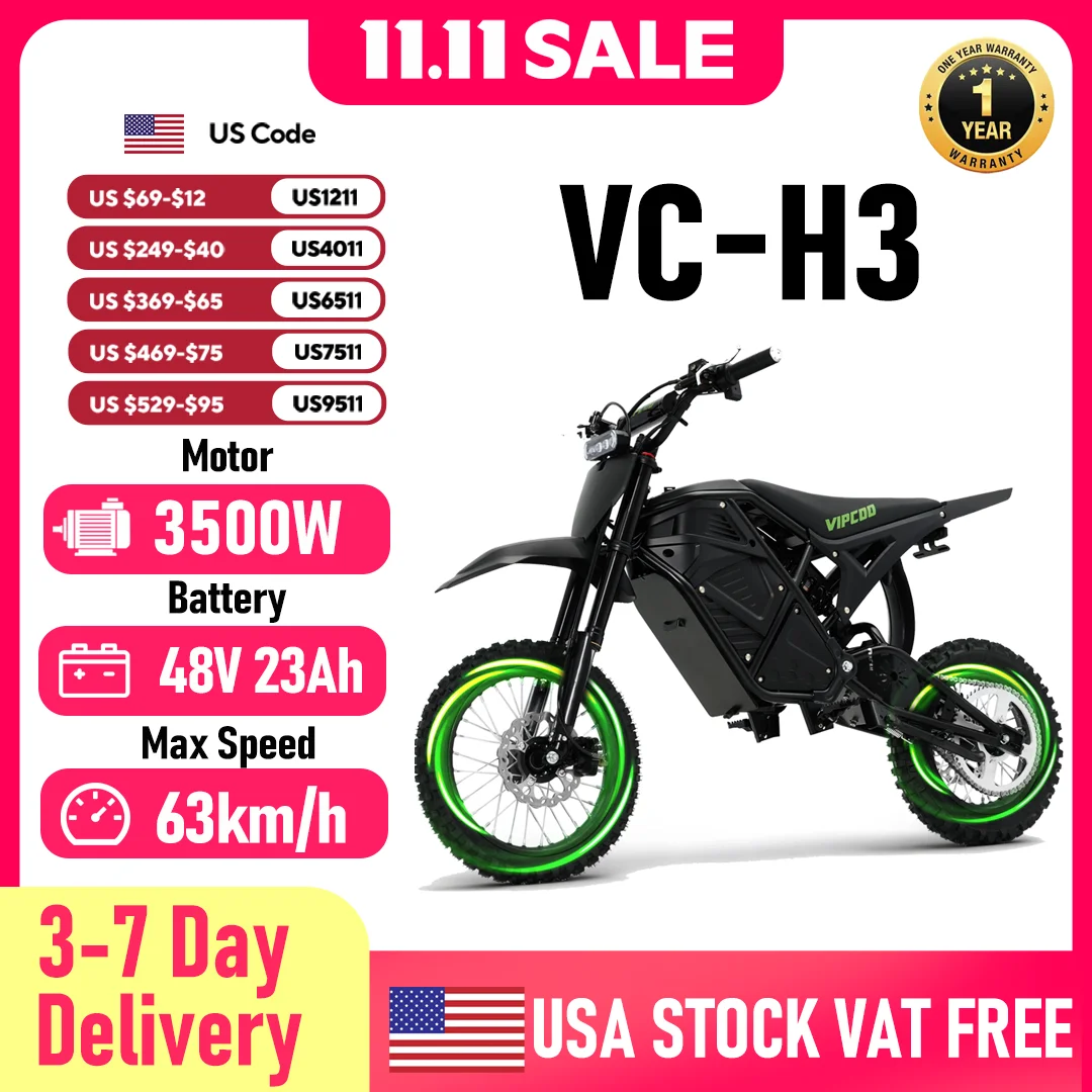 

VIPCOO H3 Электрический мотоцикл 3500 Вт Двигатель 48V23AH Аккумулятор 63 км/ч Макс. скорость 40-70 км Диапазон Гидравлические тормоза Электрический горный велосипед