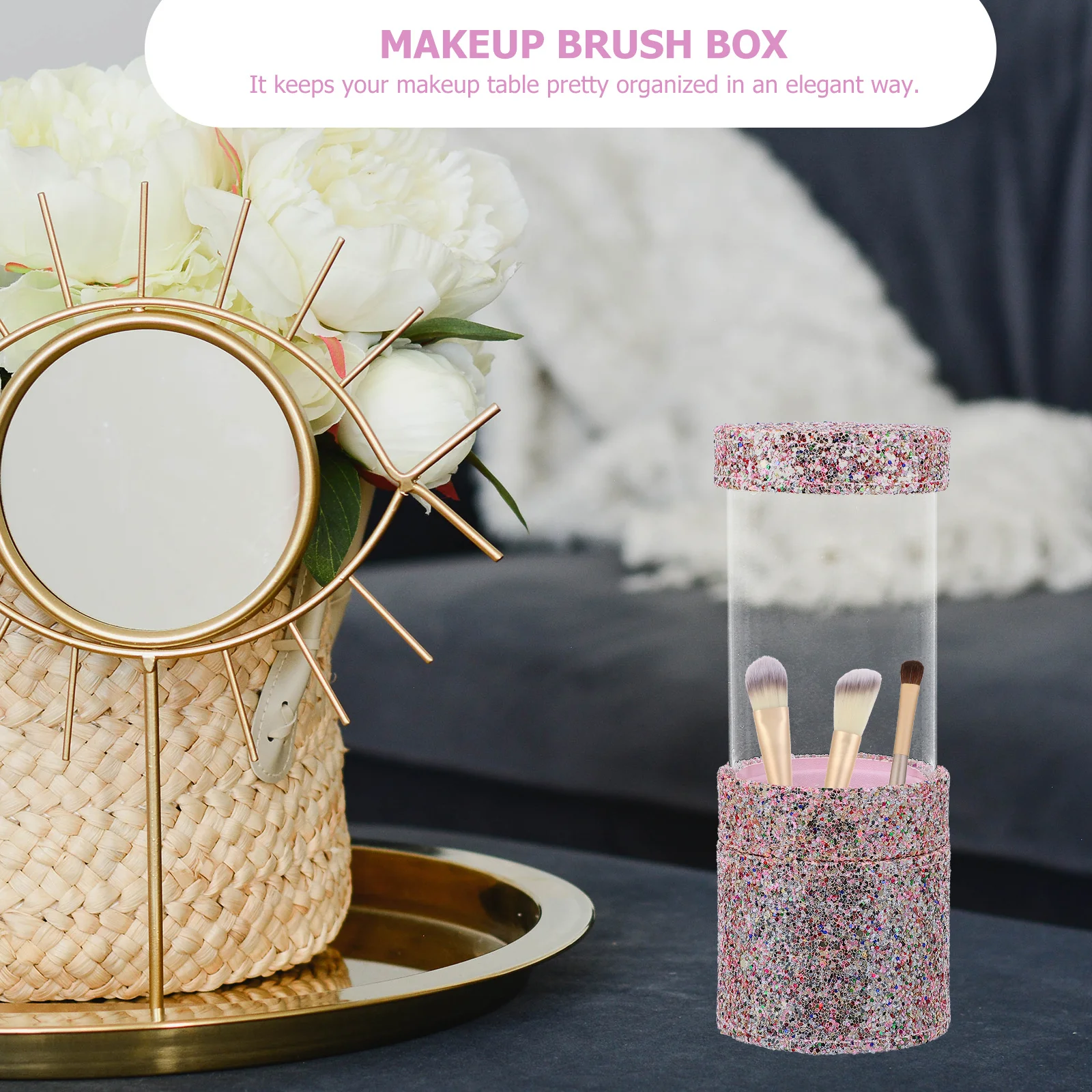 

Glitter Makeup Brush Holder Two-Cup Storage Organizer Makeup Tools Brush Container Desktop Storage Case