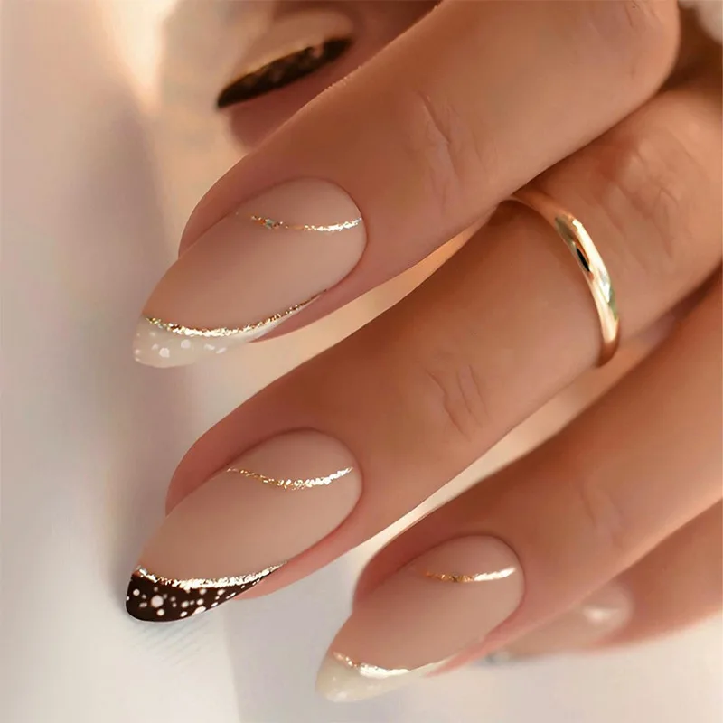 

24Pcs Mid-length Nude French Almond Press on Nails Gold Stripe Design Fake Nail Round Head Wearable Full Cover False Nails Tips