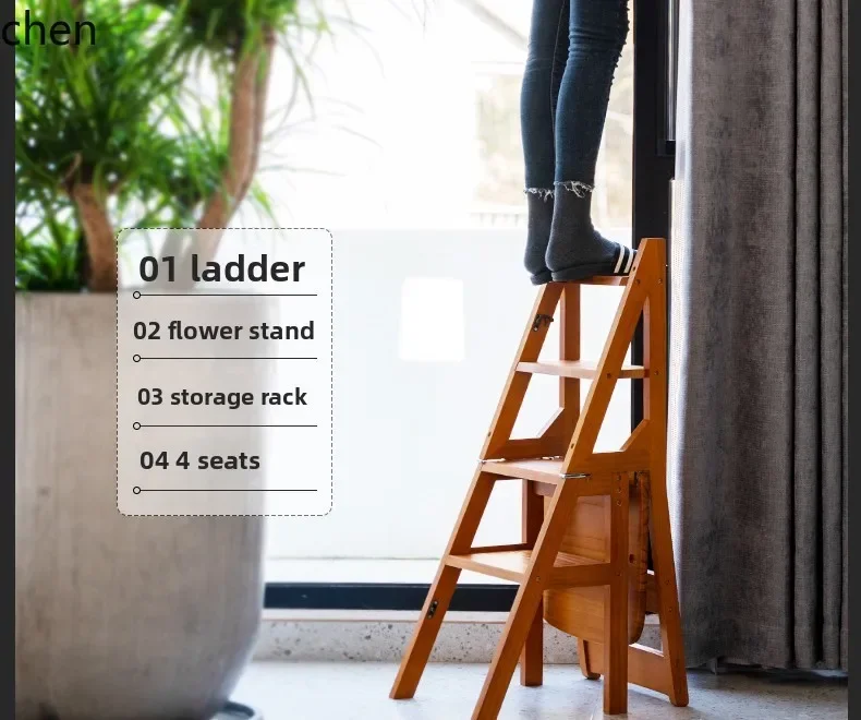

HTT Solid Wood Ladder Chair Home Ladder Chair Folding Dual-use Ladder Stool Indoor Multi-functional Climbing Stairs Step