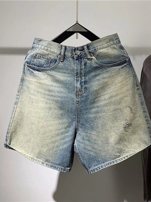 

Мужские летние тонкие джинсовые брюки-шорты в стиле ретро, прямого кроя, свободного покроя, в американском повседневном стиле, для активного молодежного образа жизни