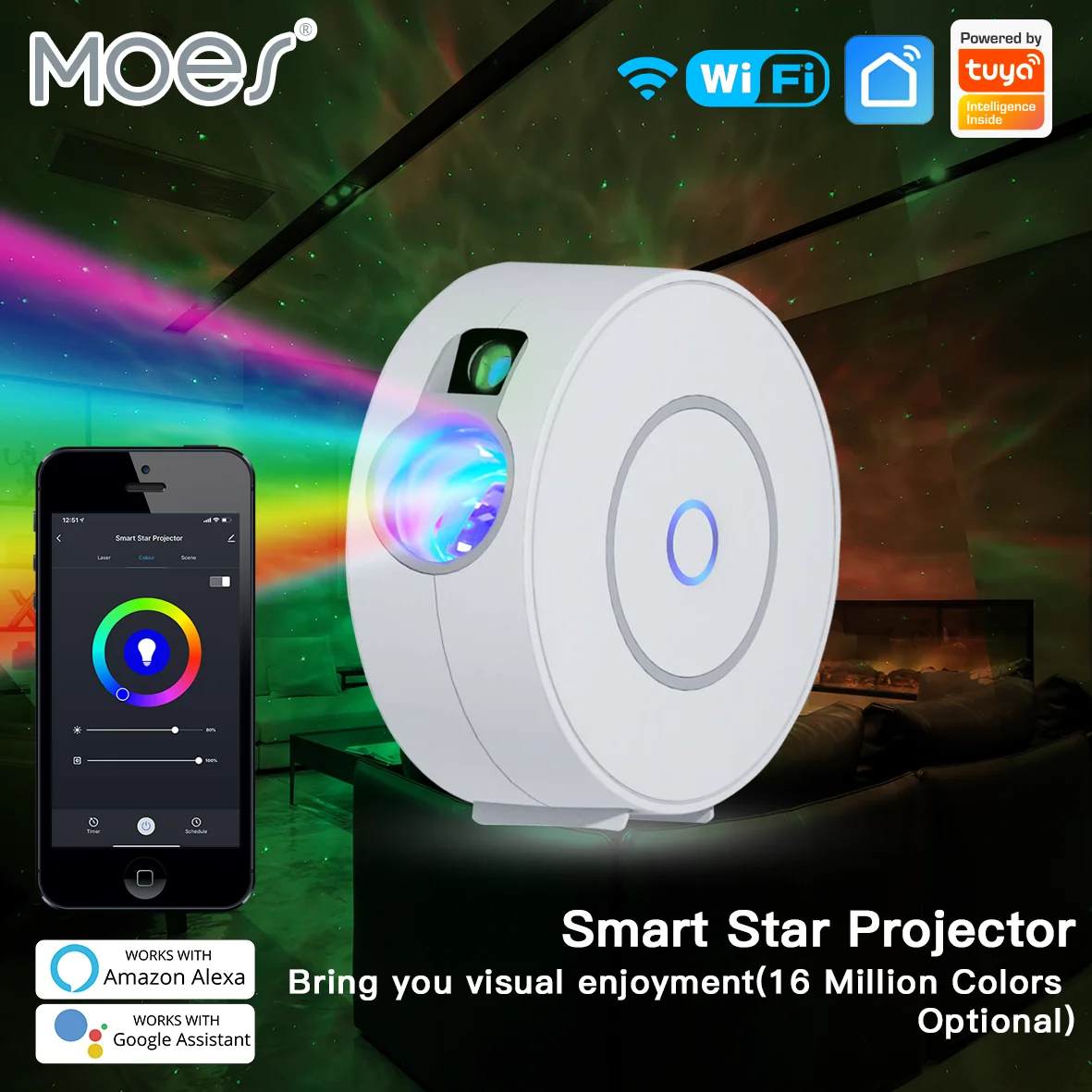 Moes Smart WiFi Star Projector Galaxy Nebula/Moving Ocean Wave Laser Starry Night Light Colorful Projector Alexa Google Tuya App