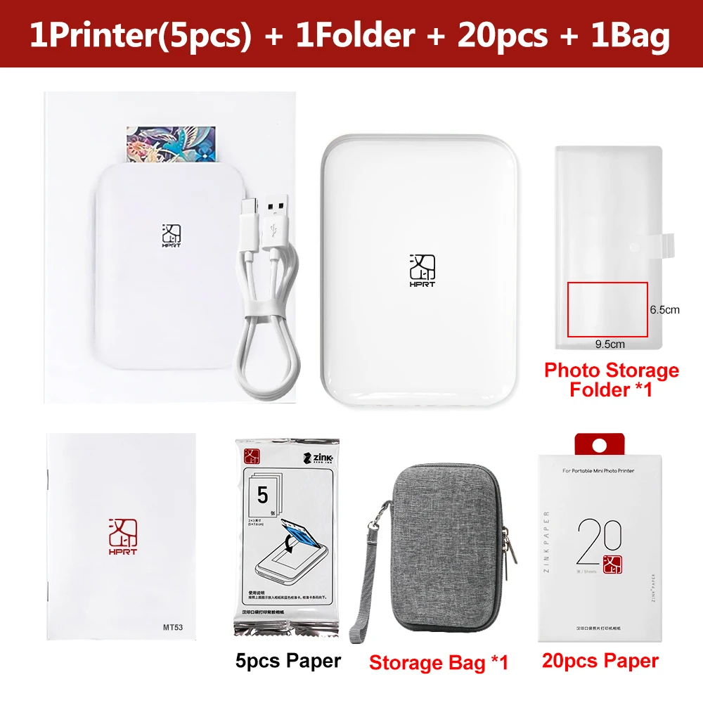 HPRT draagbare fotoprinter zak 2x3 inch formaat draadloze zinktechnologie afdrukken 2x3 fotomaker met kleverige achterkant en papieren etui