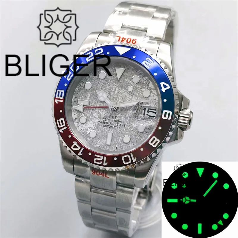 

BLIGER 40mm GMT Watch For Men Gray Meterite Pattent Dial Blue Red Bezel Green Luminous Sapphire Glass Steel Strap Bracelet