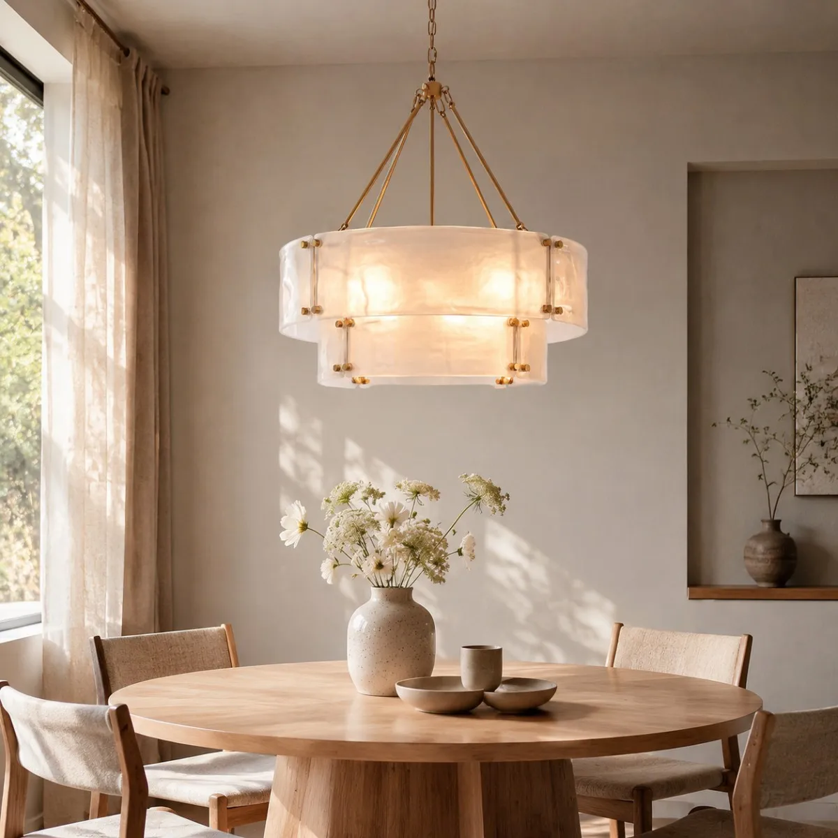 Modern Luxury 2026 2 Tier White Glass Drum Chandelier Brass Frame Pendant Light Fixture for Living Room Dining Villa
