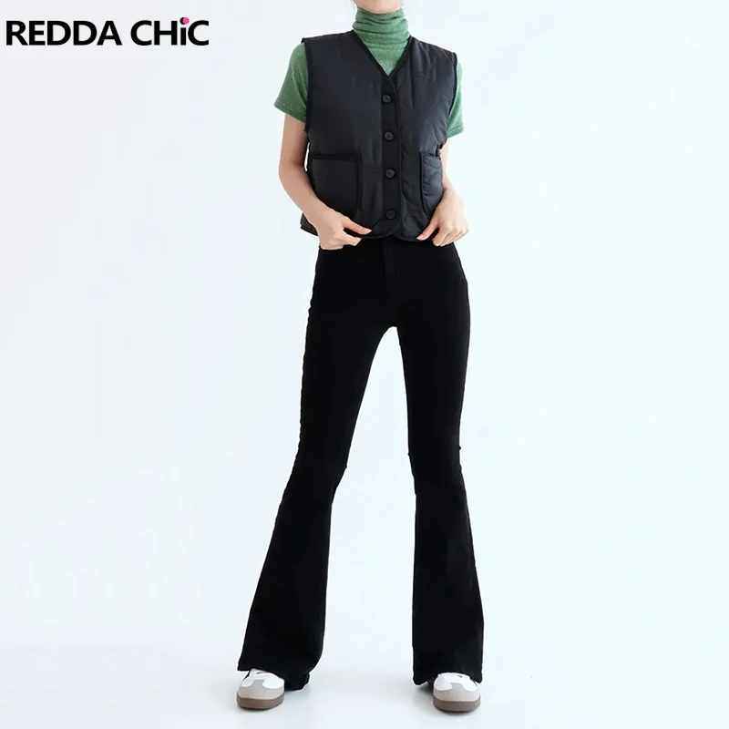 

REDDACHiC Buttoned Split Women's Flare Jeans Casual Solid Black Stretchy Slim Fit High Waist Boot Cut Pants Korean Streetwear