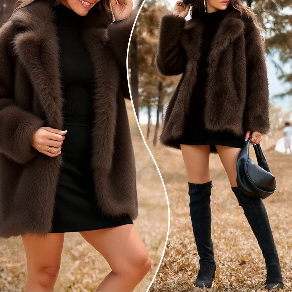 

Women's Long Coats Autumn Winter 2025 Faux Fur V-Neck Design Long Sleeve Open Front Slim Fit Outerwear Coats