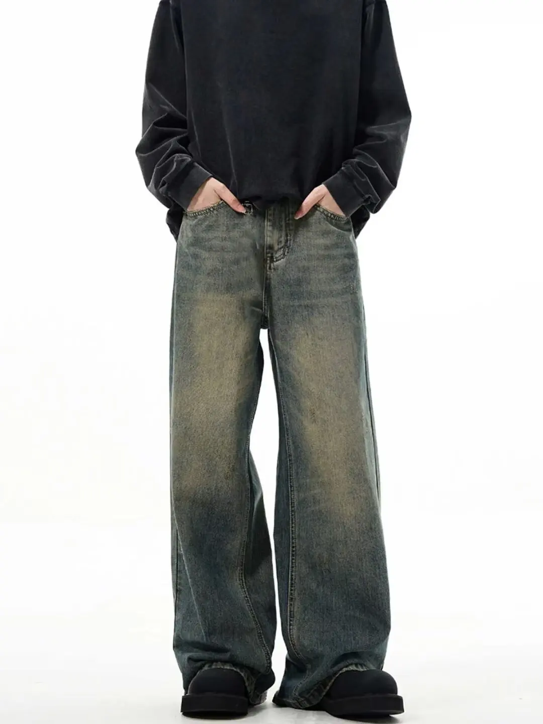 

Retro American Cleanfit Wide Leg Men's Jeans Trendy High Street Washed Loose Straight Long Pants Youth Casual Wear