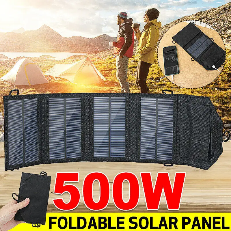 Pannello solare pieghevole a 4 pieghe da 500W caricabatterie portatile per pannelli solari USB 5V DC alimentatore mobile per pannello solare a tempo pieno