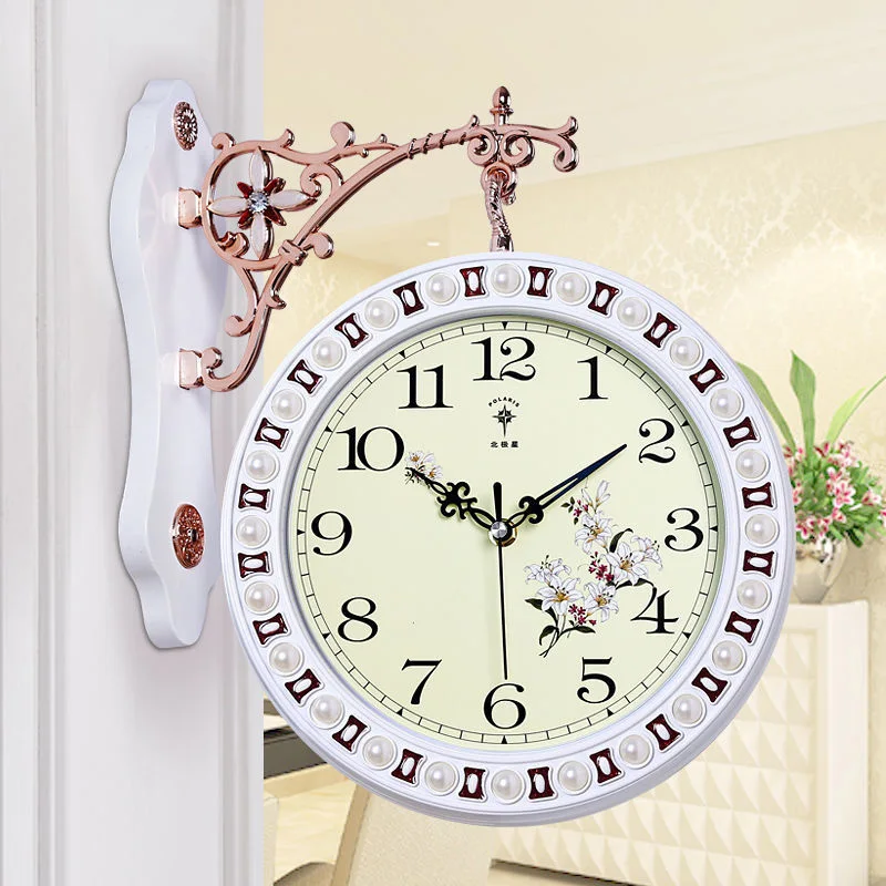 

TUDA European-style Double-sided White Wall Clock Living Room Corridor Rotating Mute Simple Classic Hollow Decorative Clock