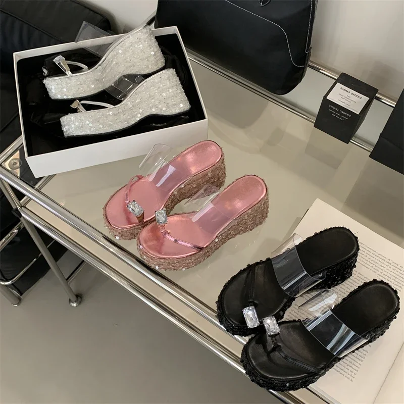Eilyken Designer Crystal Sequin Cloth Platform Wedge Slippers Women Street Style Clip Toe High Heels Banquet Summer Shoes
