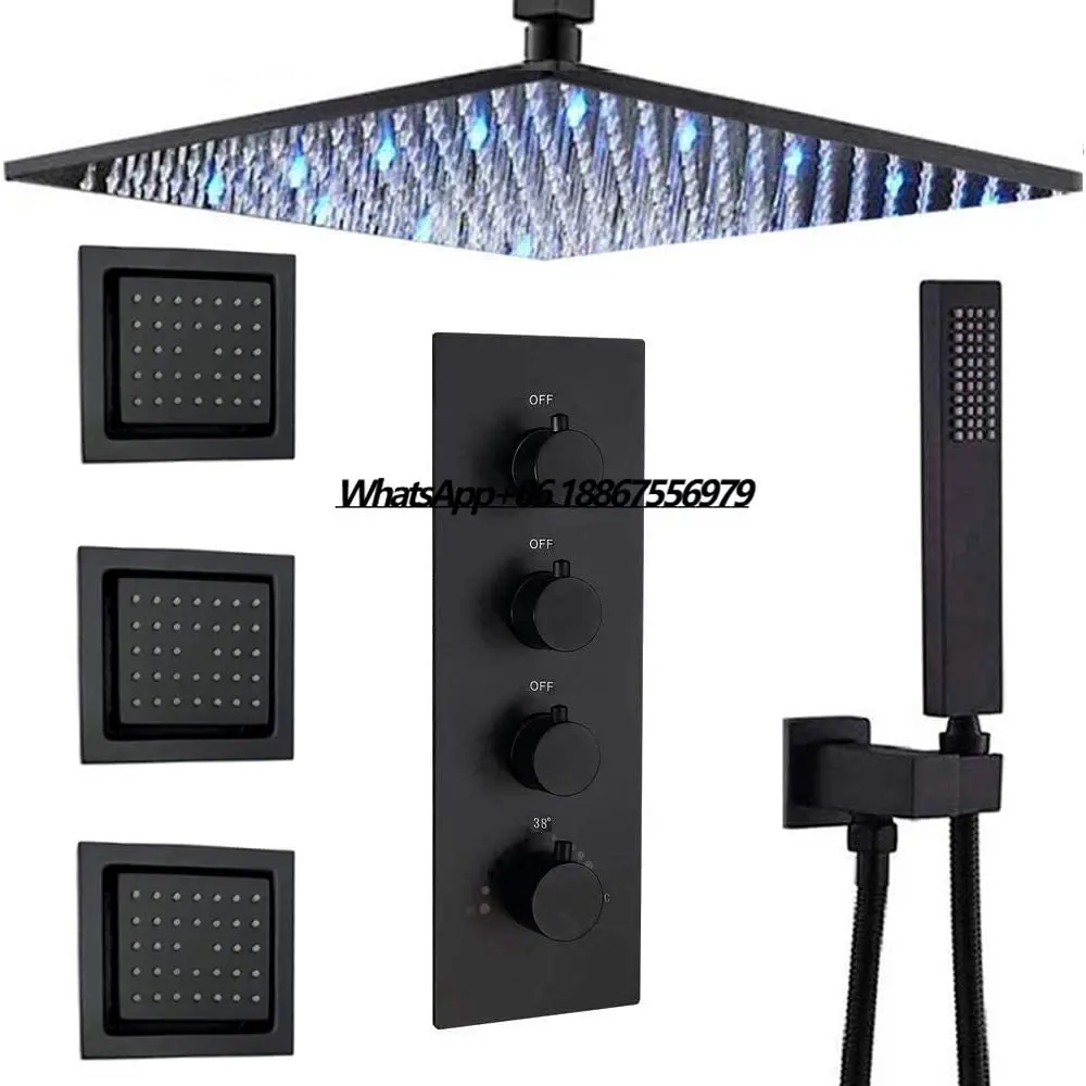 

16 Inch Bathroom Shower System LED Black Thermostatic Shower System Spot Body Jets Shower Set
