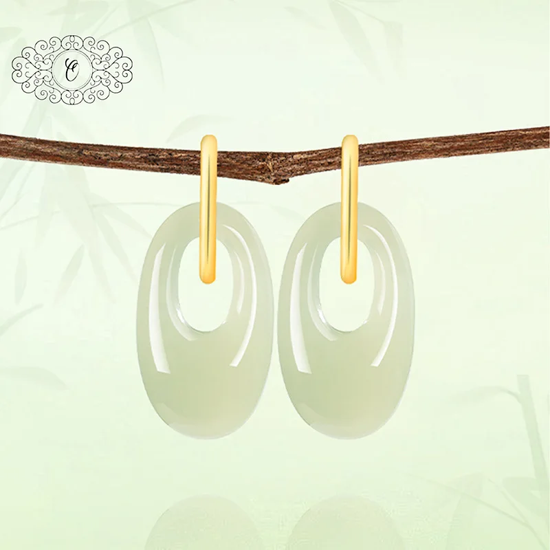 

Natural Hetian Jade Princess Hoop Earrings, S925 Silver Inlaid, Elegant Jade Ear Jewelry