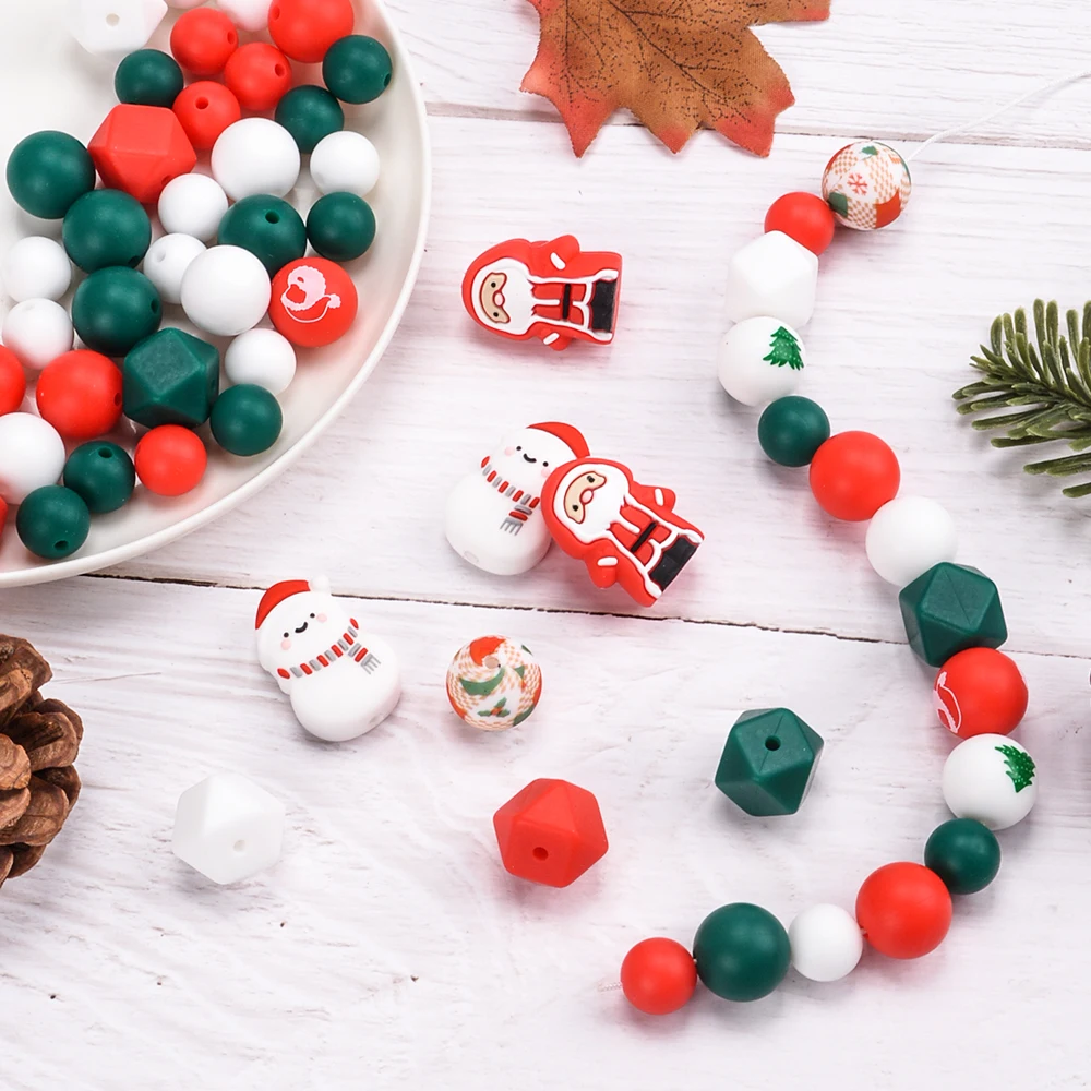 LOFCA 64Pcs Christmas Silicone Focal Round Beads Silicone Teether necklace pacifier making Bpa free food grade silicone jewelry