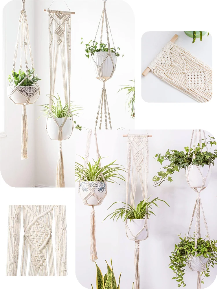 Gardening Plant Hanging Basket Handmade Macrame Flowerpot Pocket Cotton Rope Flower Pot Indoor Home Boho Style Yard Wall Decor