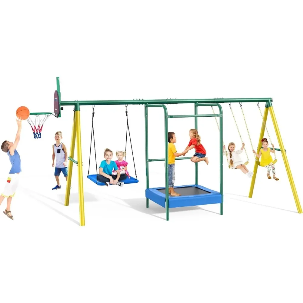 

Swing Sets for Backyard, 5-in-1 Outdoor Swing Set, 660 Lbs Heavy Duty Extra Large Metal Kids Swing Sets with Trampoline