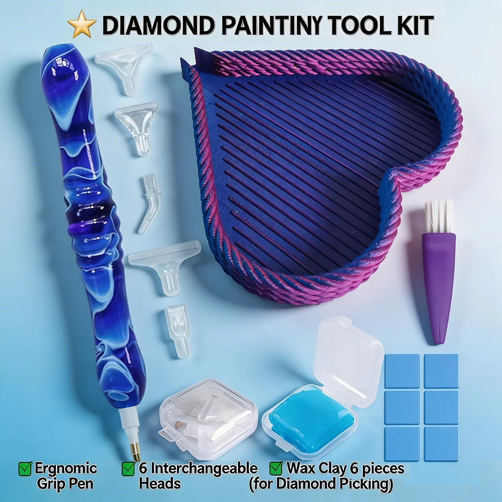 5D Diamond Painting Tool Kit, Point Drill Pen with 6 Tips, Grooved Heart Tray & Wax Clay, Craft Accessories for Nail Decor