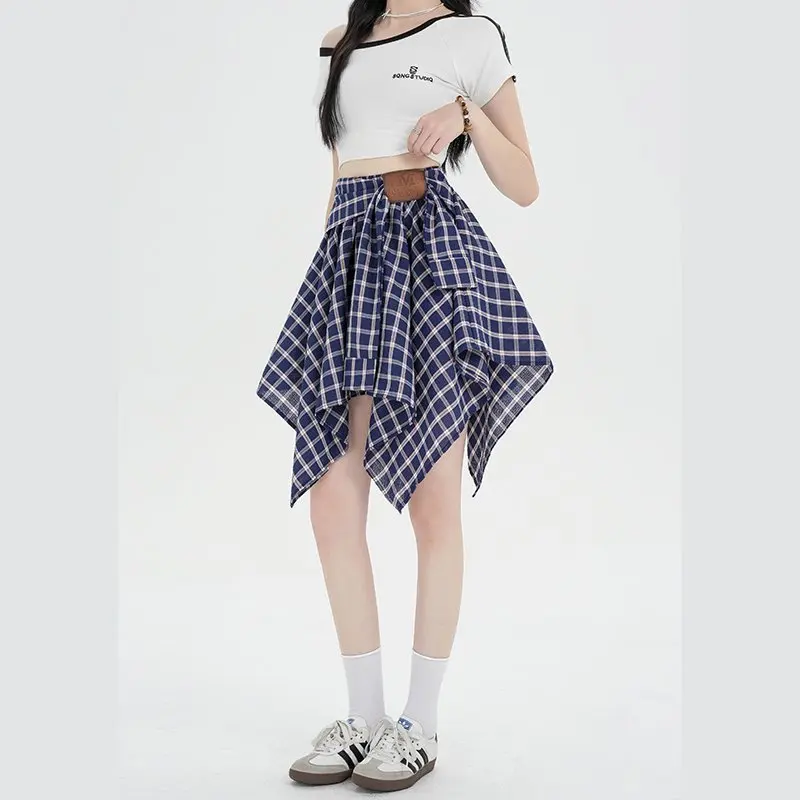 

Mini Skirts Women Plaid Skirt 2026 Goth Lolita Summer Bandage Design High Waisted Ruffles Asymmetrical Pleated Short Skirt rok