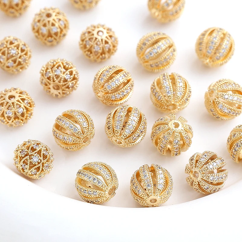 Copper Plated with Genuine Gold Zircon Inlaid Hollow Circular Partition Beads DIY Manufacturing Fashion Jewelry Accessories