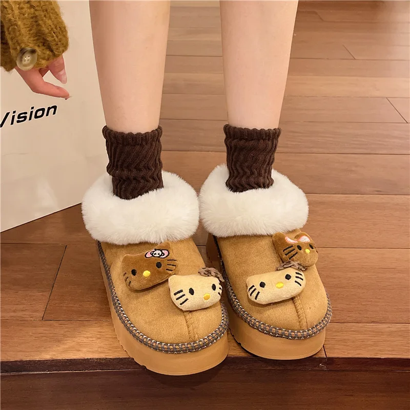 Kawaii Hello Kitty Plush Thick Soled Warm Snow Boots For Women'S Winter New Style Plush Warm And Comfortable Cotton Shoe Gift