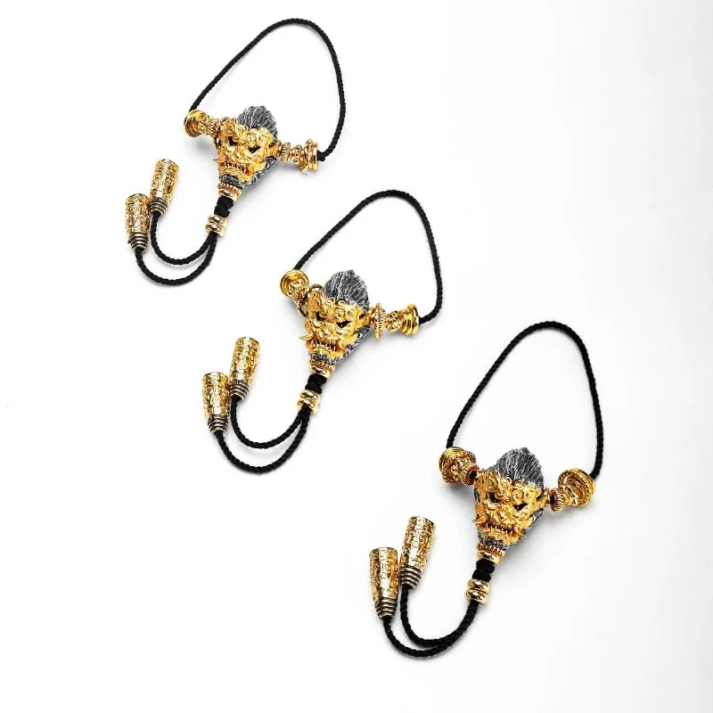 

Destiny Gold Plated Monkey King Triple Through Buddha Head Copper Mask Pendant 108 Beads Bracelet Collectible DIY Accessory Set