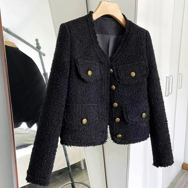 Rimocy Cropped Tweed Jacket Women Korean Fashion Round Neck Single-breasted Jackets Woman Autumn Winter Long Sleeve Chic Coats