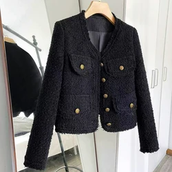 Rimocy Cropped Tweed Jacket Women Korean Fashion Round Neck Single-breasted Jackets Woman Autumn Winter Long Sleeve Chic Coats