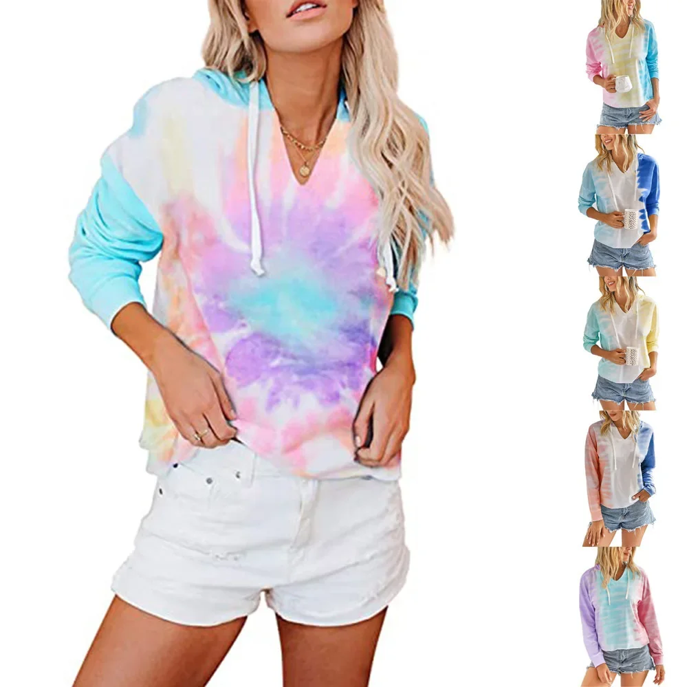 European and American tops tie dye gradual V-neck hooded long-sleeved pullover casual hoodie T-shirt women's wear