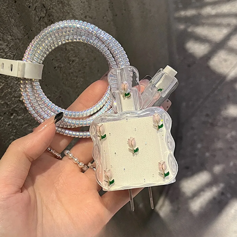 Cute 3D Metal Tulip Glitter USB Cable Protector Cover for iPhone 15 14 13 18W-20W Data Line Bite Head Cord Fast Charging Case