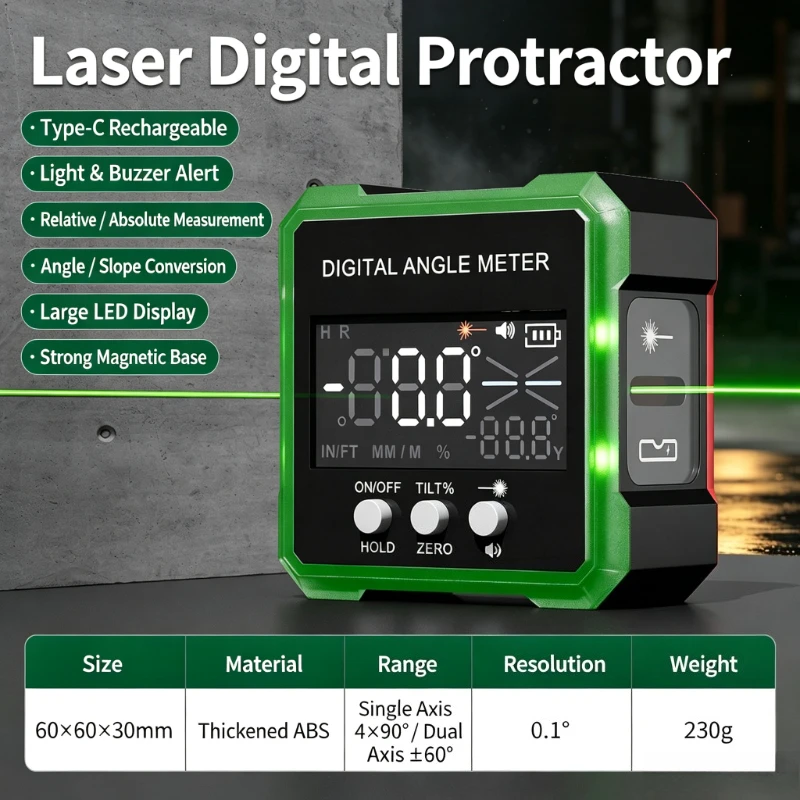 New Digital Protractor Laser USB Inclinometer 360° Level Angle Finder High Precision Goniometer Magnet Tilt Measurement Tools
