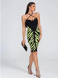 Sexy Sleeveless V Neck Printed Patchwork Bandage Dress Women Spaghetti Strap Contrasting Colors Bodycon Midi Dresses Evening