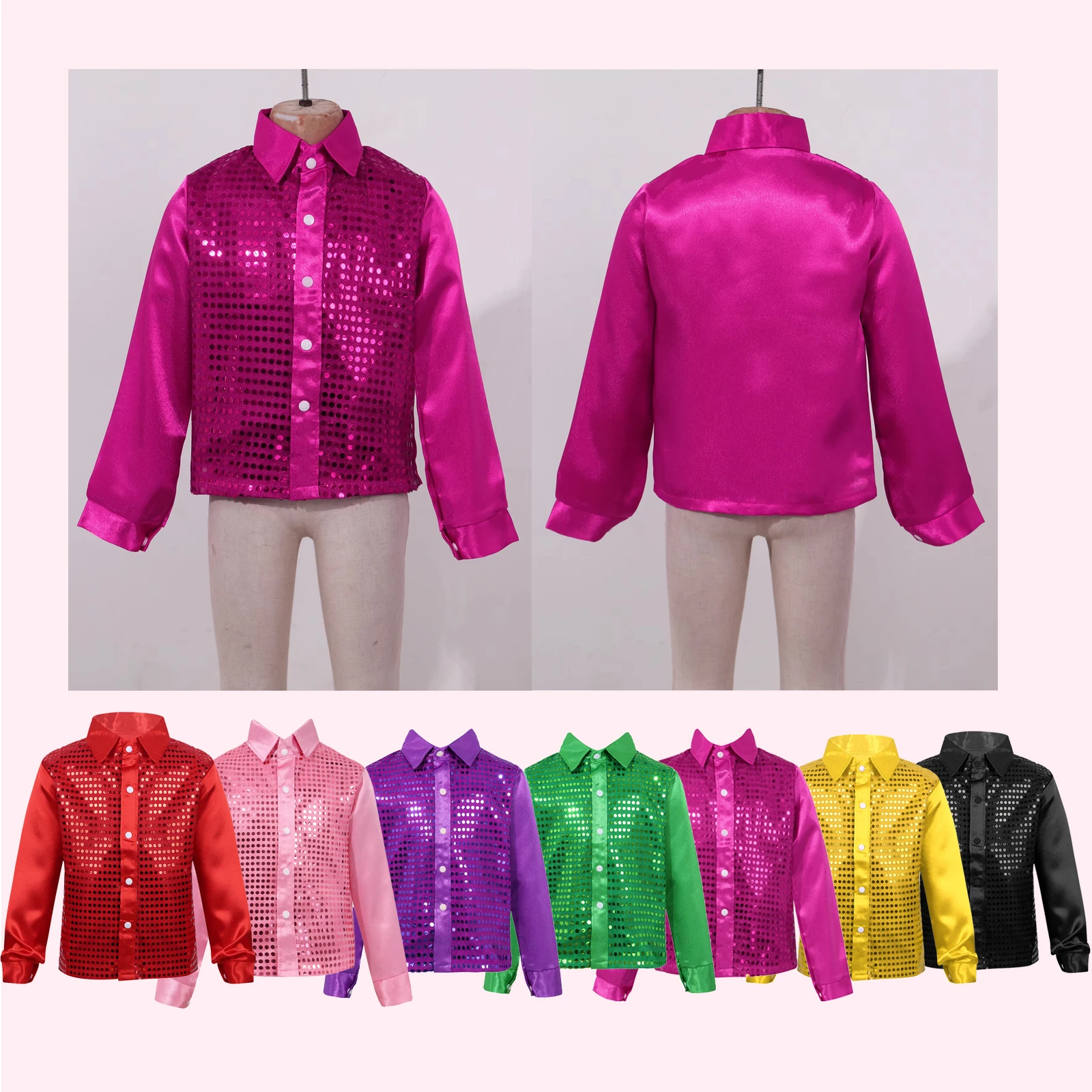 Kids Girls Boys Sequins Shirts Shiny Long Sleeve Dance Tops Jazz Latin Hiphop Street Dance Performance Shirt Party Costume