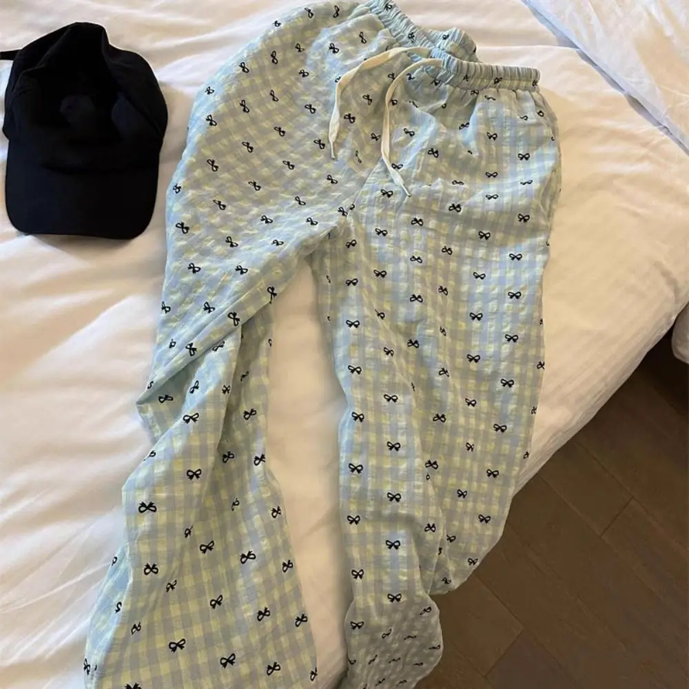 موضة شريط منقوشة Bowknot بنطلون بيجاما الحلو رقيقة ملابس خاصة السراويل النساء Homewear القوس بناطيل كاجوال ربيع الخريف #4