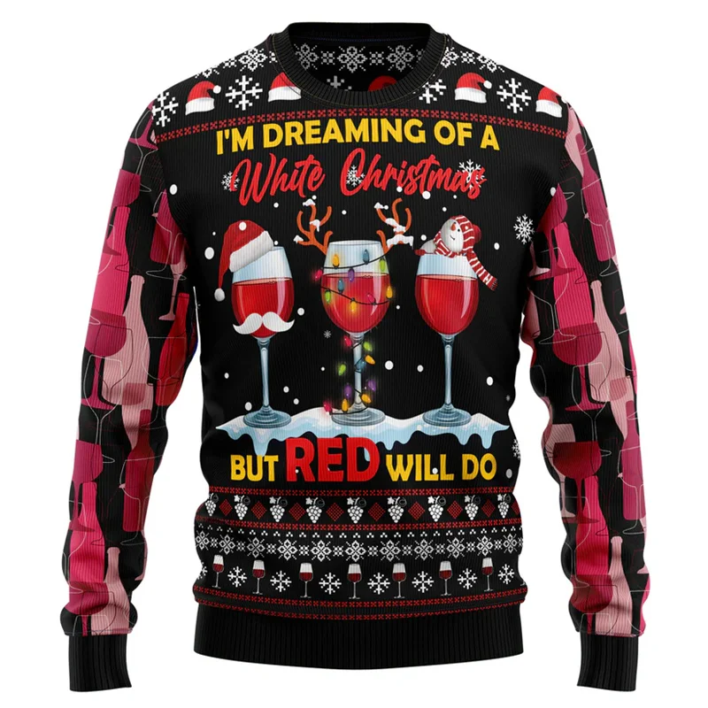 Wine Christmas Ugly Christmas Sweater For Men Merry Christmas New Year 2025 Sweatshirt Kids Holiday Family Women Hoodie Tops