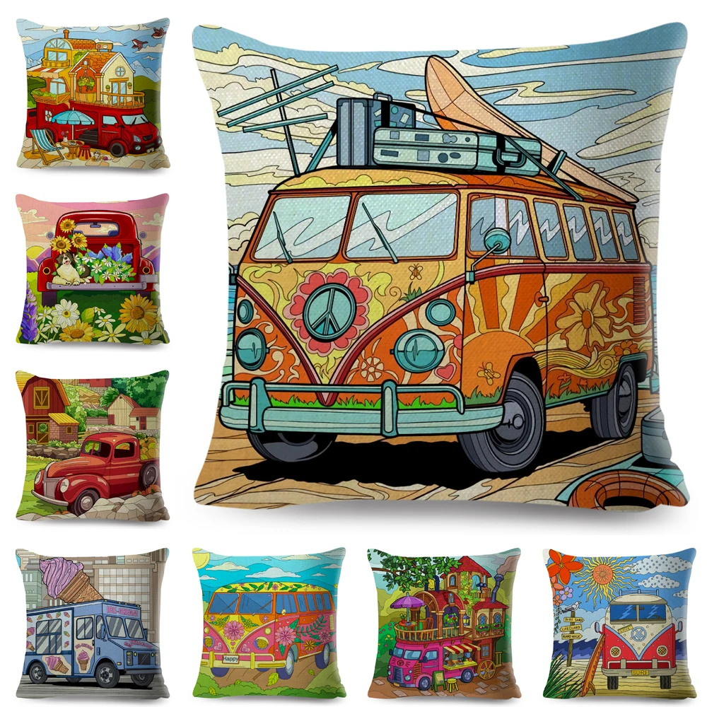 Colorful Cartoon Camper Pillow Case Decor House Travel Car Cushion Cover for Sofa Home Children Room Throw Pillowcase 45x45cm