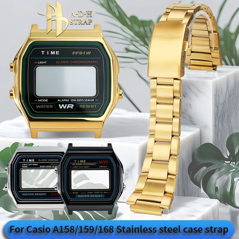 A158 A159 Cassa in metallo in acciaio inossidabile modificato per Casio Piccolo quadrato F91A158 A168 A159 Cassa per orologio in acciaio Bracciale Catena per orologio da uomo