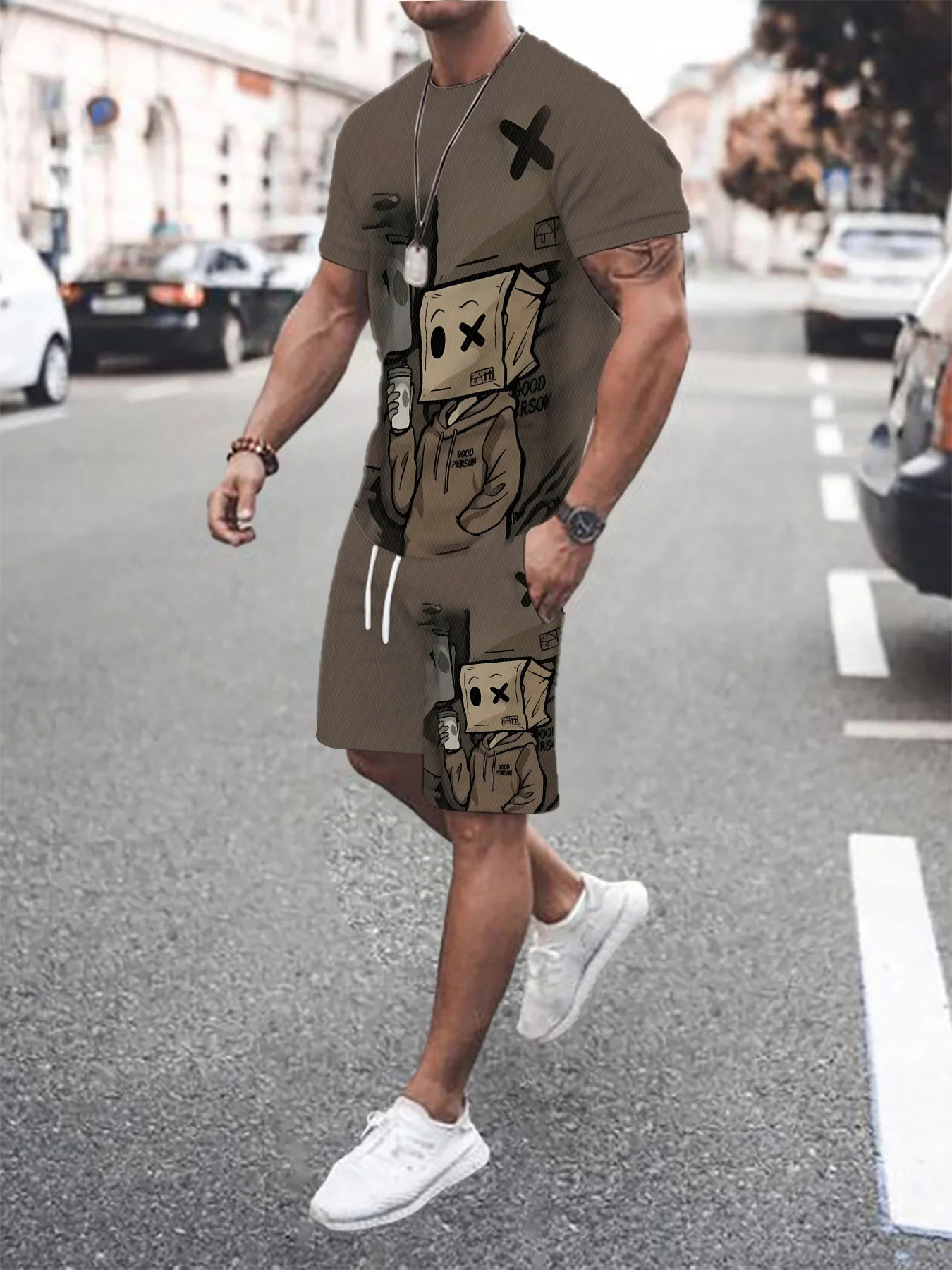 

2026 Summer Men's Suit with Wooden Man Print Breathable and Lightweight Casual and Fashionable Outdoor Men's Clothing