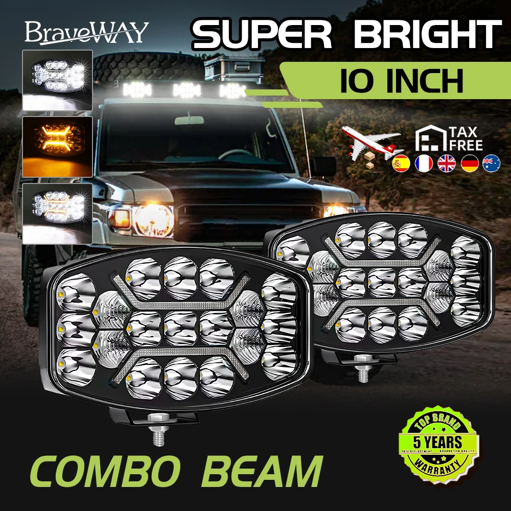 Braveway Nuovo 10 ''Pollici Fuoristrada Faro Faretto Inondazione Per Camion Rimorchio Veicolo Pesante 12V 24V Ausiliario di Guida Giallo DRL