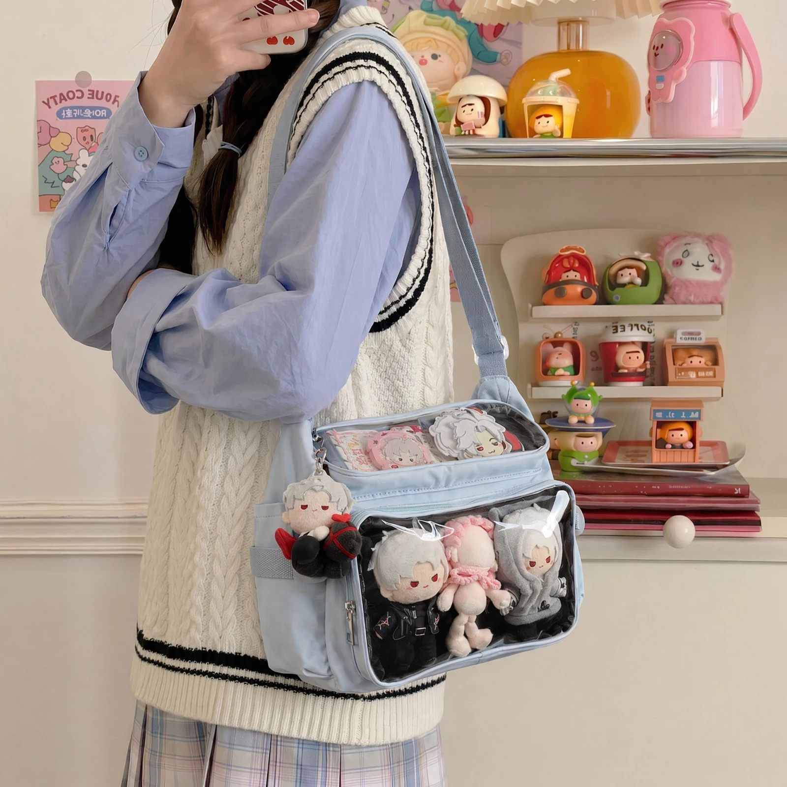 Japanese Style Ita Bag Versatile Double Clear Display Windows Shoulder Bag Large Capacity Kawaii Pastel Colors Student Tote Bag