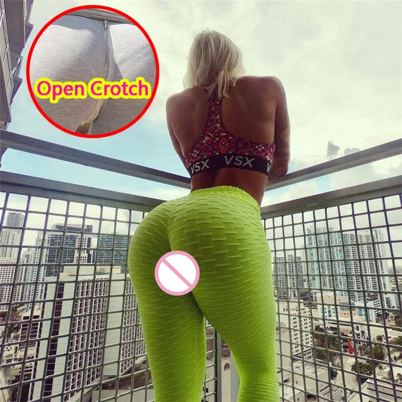 Woman Sexy Open Crotch Yoga Leggings Bubble Style Hidden Zipper Fitness High Sport Pants Clubwear Crotchless Erotic Trousers