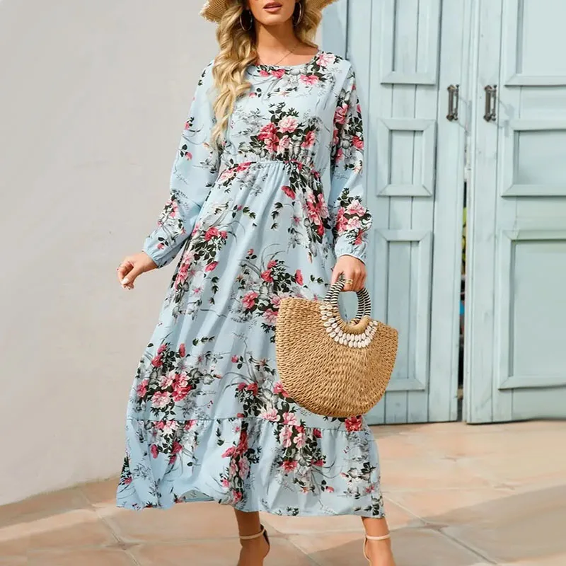 Women Dresses Floral Print Spring Autumn Long Sleeve Beach Sundress Ladies Evening Party Long Dress Female Elegant Vestidos