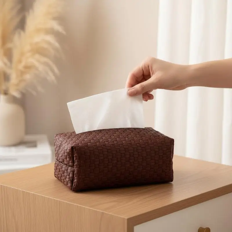 Waterproof Leather Vine Patterned Tissue Box Non-Slip Bottom Napkin Storage Holder for Office Desk Coffee Table Use