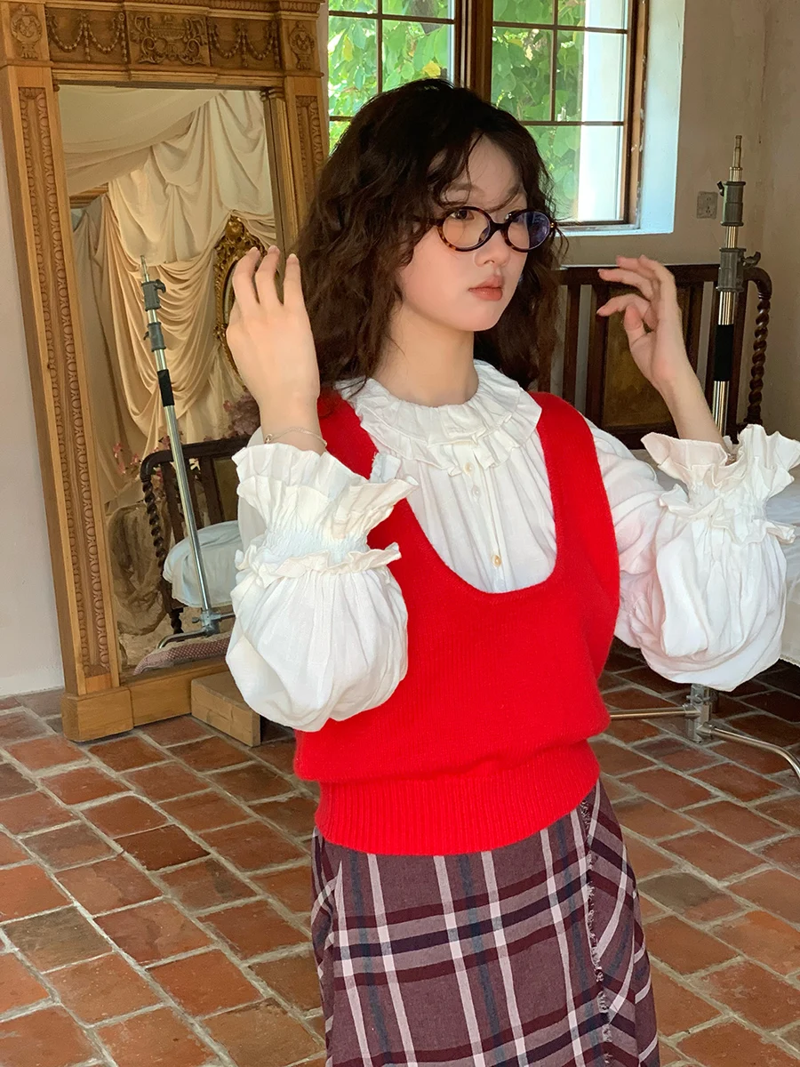 

Red Knitted Sweater U-Ne Vest with Wide oulder Straps Layering ort Waist-Cinching Autumn Vintage Sle Commute Faion