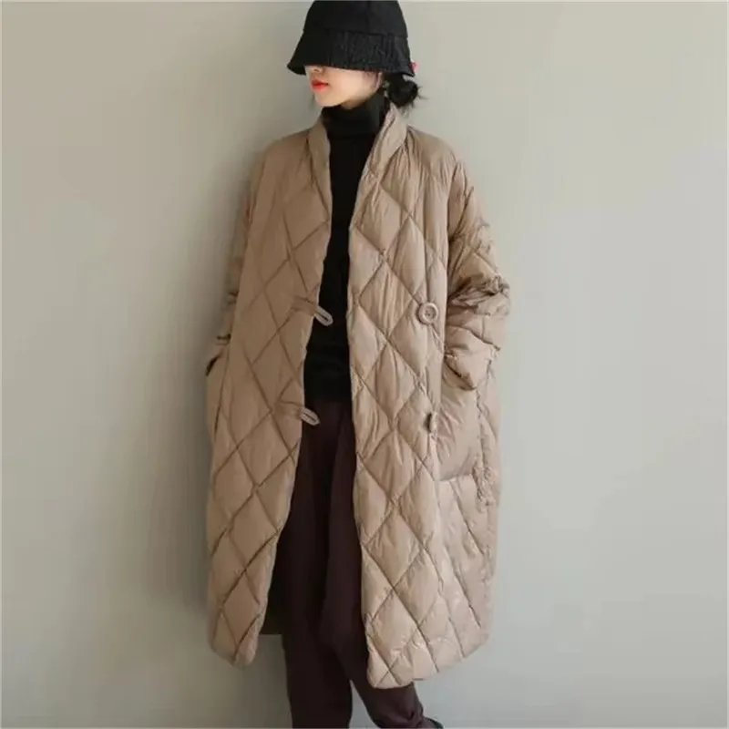 New Women Autumn Winter Loose Stand Collar Solid Diamond Plaid Mid Long Knee-Length Warm Down Jacket Oversize Female Outerwear