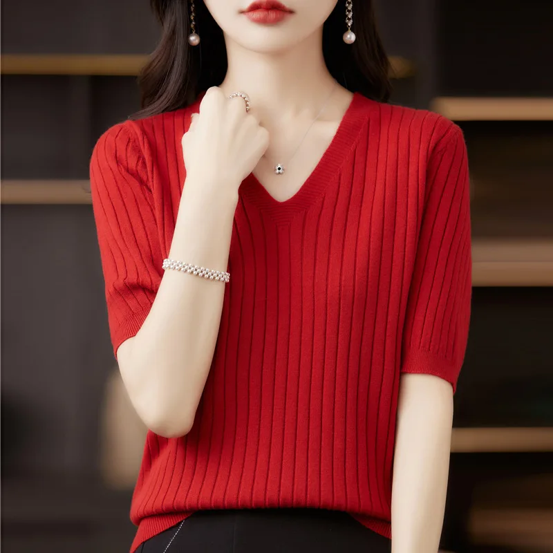 

Women Sweater Short Sleeve V-neck Stripe Knitwears Slim Fit Shirt Korean Fashion Pullovers Thin Knit Tops 2023 Bottoming Shirts