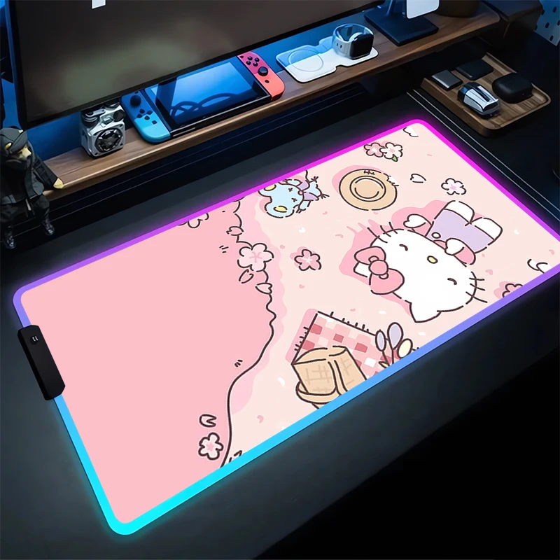 RGB Mouse Pad Hello Kitty Laptop Mat Gaming Mousepad Backlit Keyboard Gamer Table Pads Cute Home Decor Sanrio Pad table mat