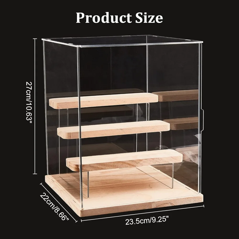 3 Tier Clear Acrylic Display Case, 9.25x8.6x10.6 Figures Wood Display Boxes Countertop Box Storage Cube Organizer Dustproof