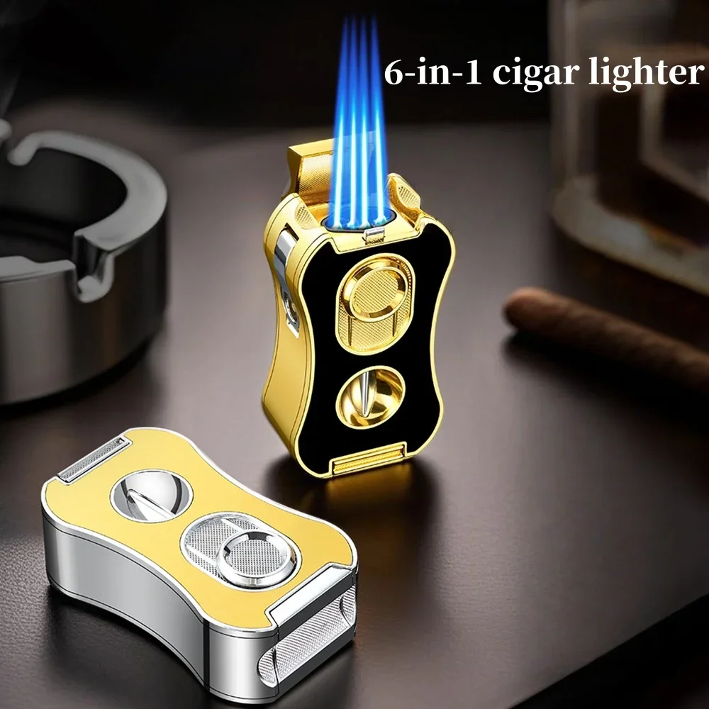 

Новая многофункциональная зажигалка для сигар с четырьмя прямыми воспламенителями, алмазный нож для сигар, V-ножницы, уличная ветрозащитная зажигалка