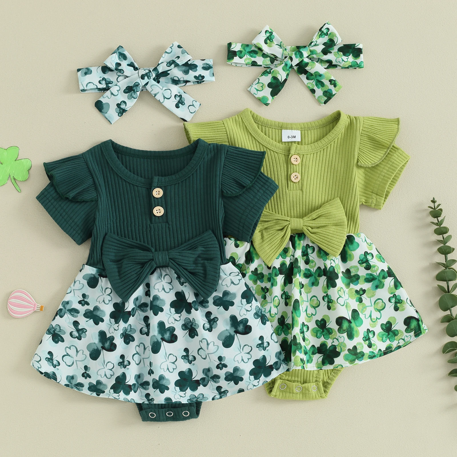 Infant Baby Irish Festivals Jumpsuit Shamrock Print Patchwork Ribbed Knitted Romper Dress Headband St. Patrick 's Day Outfits