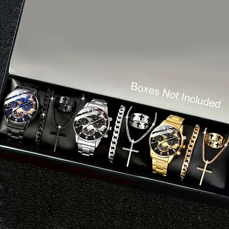

12PCS Men's Watch Set Versatile Business Trend Quartz Watch Bracelet Necklace Ring Set Perfect Holiday Gift